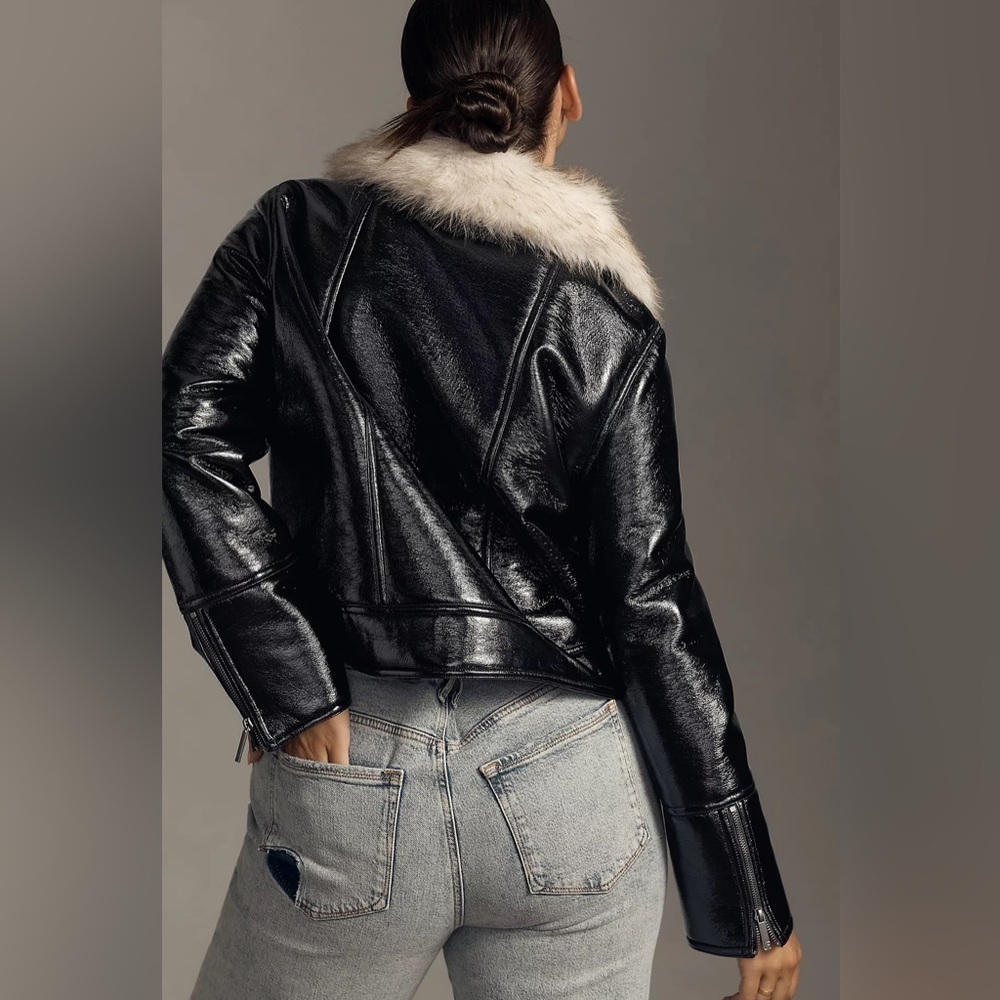 NWT Unreal Fur Wet Look Faux Patent Leather Aviator Jacket - Picture 3 of 7